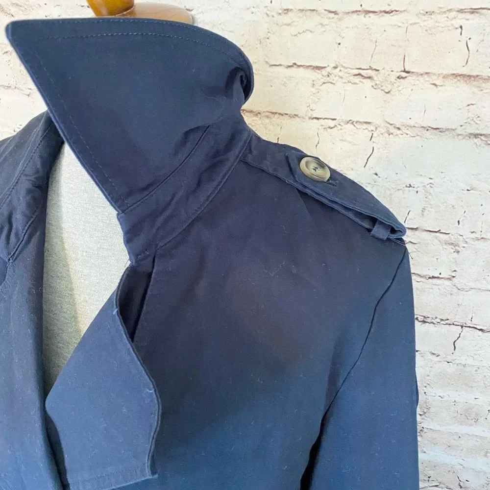 Bagatelle Womens Trench Coat Cropped Stretch Belted Cuff Stretch Blue Medium